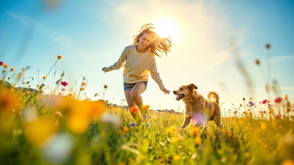 Junge Frau spielt ausgelassen mit ihrem Hund auf einer blühenden Wiese