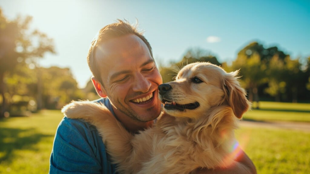 Ein Mann lächelt seinen Hund an, der Hund reagiert freudig