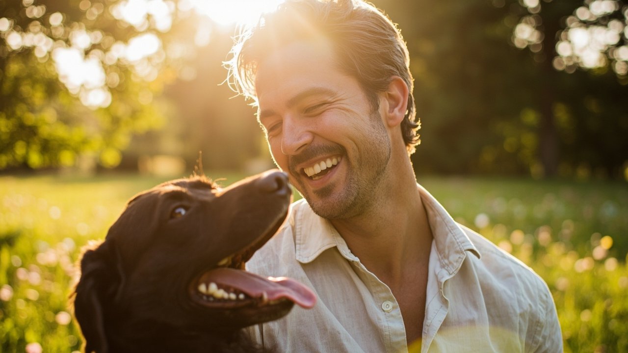 Mann lächelt seinen Hund freudig an – Symbolbild Vertrauen und Nähe.