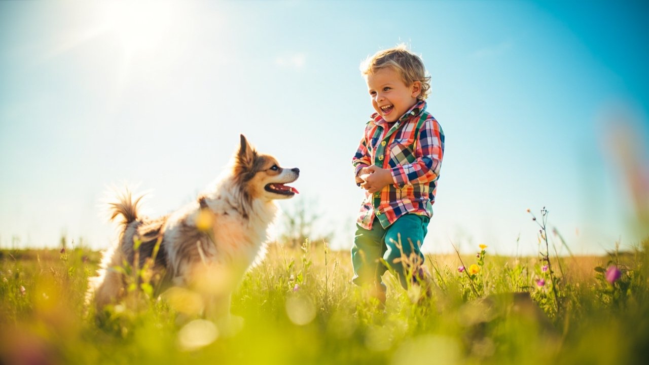 Lächelndes Kind steht einem kleinen Hund gegenüber auf einer blühenden Wiese.