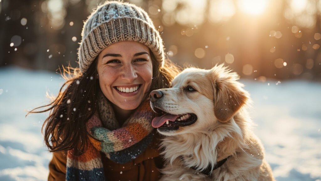 Lächelnde Frau streichelt ihren Hund und zeigt Freude im gemeinsamen Moment.