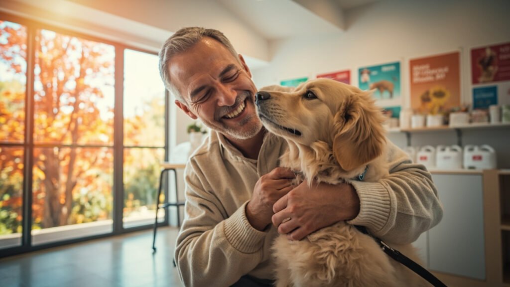 Herrchen sitzt mit seinem Hund in einer Tierarztpraxis, beide wirken ruhig und zufrieden. Das Bild vermittelt Vertrauen, Sicherheit und Fürsorge.