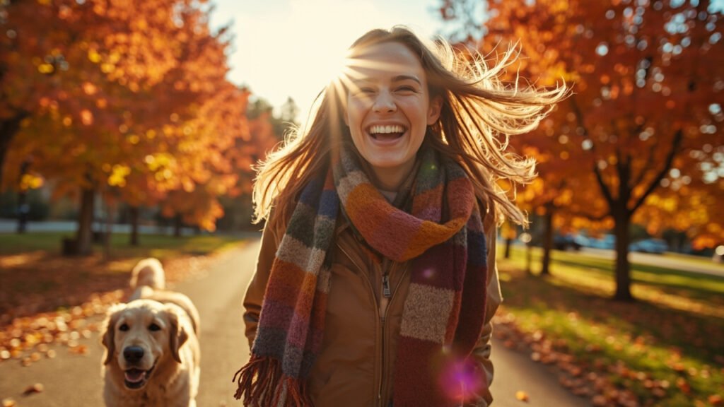 Frau spielt fröhlich mit ihrem Hund bei herbstlichem Spaziergang im Freien.