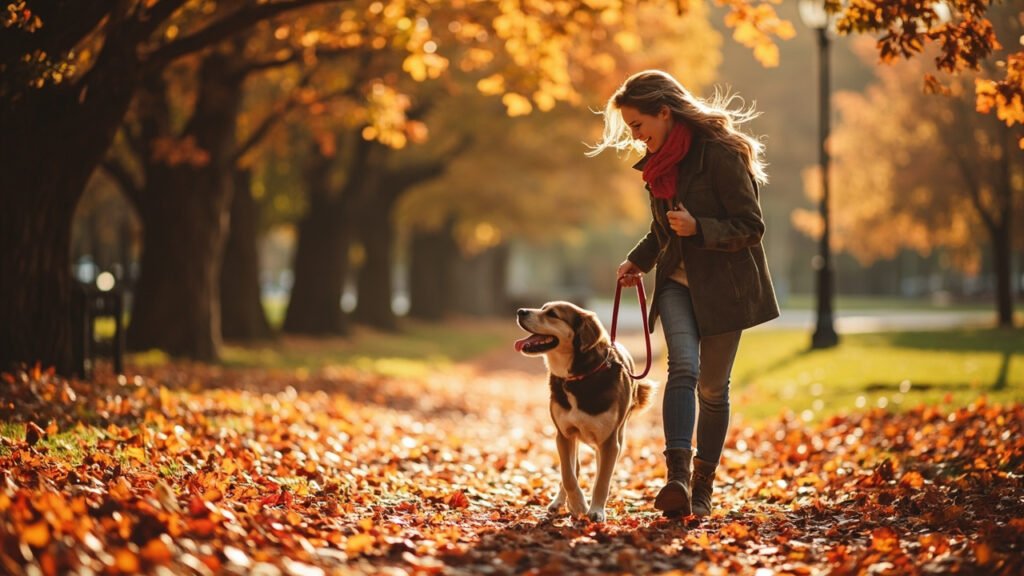 Frau führt ihren Hund entspannt an der Leine bei herbstlichem Wetter.